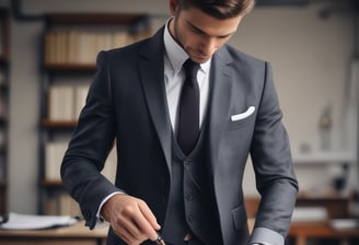 a person is holding a pencil in front of a laptop