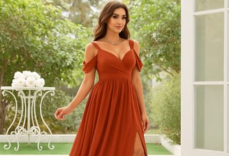 B9see,Elegant woman in a flowing burnt orange evening gown with a thigh-high slit,posing at a garden
