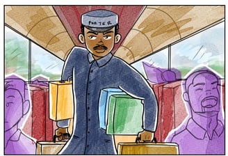 Illustrations of inside a vintage train including a porter with bags and a waiter serving dinner