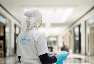 Agent de nettoyage en action, assurant la propreté des espaces commerciaux à Casablanca