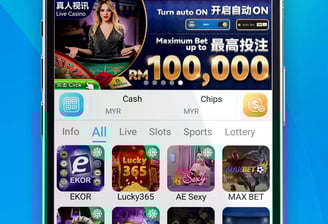 A lively casino scene featuring a row of bright, colorful slot machines with themes like Monopoly, M