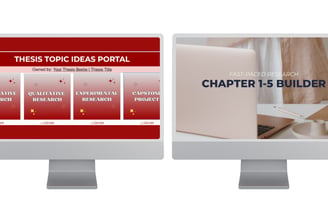 Two computer screens displaying research tools: Thesis Topic Ideas Portal and Chapter 1-5 Builder.