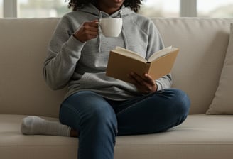 online business coach sitting on couch, sipping tea and reading a book