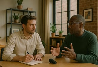 Auteur biographe lors d'un entretien en entreprise