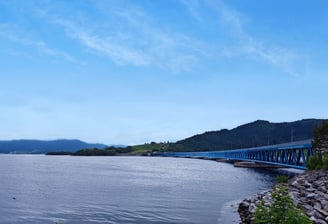 River view and blue bridge in Norway