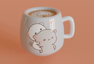 A 3D-rendered coffee mug with a cute cartoon cat design, featuring a glossy ceramic finish.