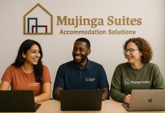 Diverse group of happy property managers working in office infront of laptops