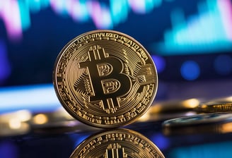 bitcoin on black surface with charts in background