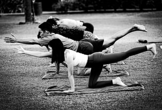 a group of people doing yoga exercises in a park. Langkawi, Malaysia