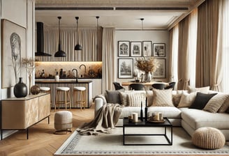 <img src="Uma sala de estar elegante e acolhedora integrada a uma cozinha am