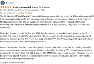 5 star positive review of GL.iNet GL-MT3000 (Beryl AX) Portable Travel Router wifi 6 small and power