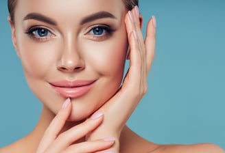 a woman with a pink manicure and a blue background