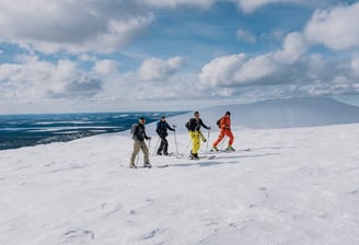 4 persons ski touring in snowy fells, pallas