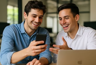 dos hombres celebrando el éxito de su emprendimiento, checando cómo suben las ventas de su negocio.