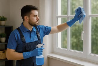 Nexa Pro cleaner wiping residential window with cloth and spray in Louisville home