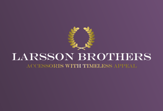 Larsson Brothers official logo. White text with a golden wreath above on purple background.