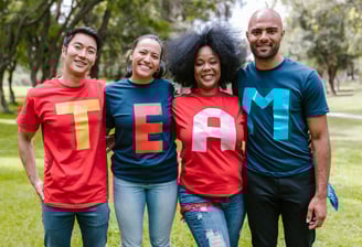 Family with TEAM printed T-shirts