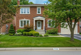 two story home with "918" address Number painted on the front curb.