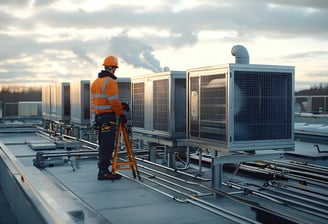 Generic Industrial HVAC photo with an engineer on top of a building doing checks on the HVAC system