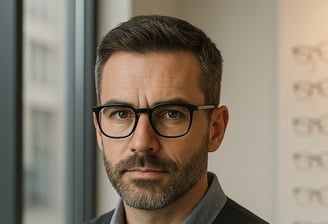 Mężczyzna 40 lat w eleganckim stroju i czarnych okularach, w salonie optycznym.