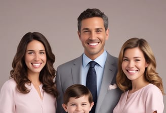 A family portrait featuring three people, consisting of two adults and a child. The man is wearing a beige suit and a tie, while the woman is dressed in a light pink top. The child is standing in front, wearing a patterned sweater. All appear to be smiling and are posed closely together in front of a neutral background.