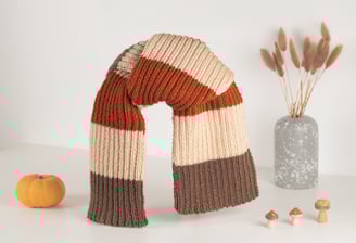 écharpe faite à la main marron, beige et orange sur fon blanc, décor avec citrouille et champignons