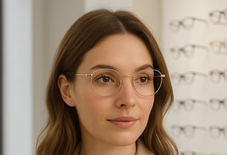Kobieta w okularach o złotych oprawkach, w marynarce, w salonie optycznym z ekspozycją okularów.