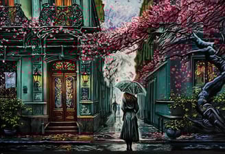 a painting of a woman with an umbrella walking into a street with turquoise colors