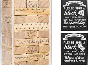 a tower game of wooden blocks with a sign that says please please