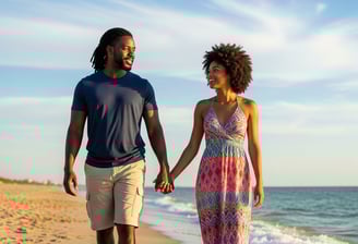 man woman walking beach