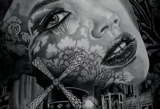 a woman's face with the Moulin Rouge in the background