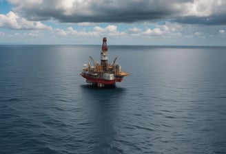 An offshore oil drilling platform is situated in the middle of a large expanse of blue ocean, under a sky scattered with fluffy clouds. A smaller boat or ship is seen moving away from the platform, leaving a trail in the water.
