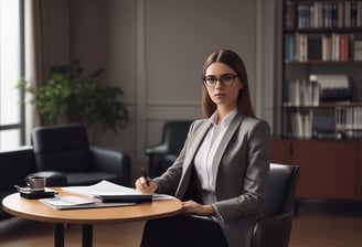 A professional consultation setting with a medical professional sitting at a desk facing a client. The room has a modern aesthetic with white walls decorated with framed certificates. The desk is organized with office supplies, a laptop, and a fruit bowl in the center.