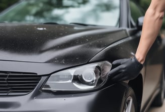 Une main d'homme posée sur le capot d'une voiture sale avant une prestation de lavage à Toulouse