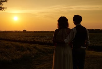 a bride and a groom looking at the sunset in a farm land