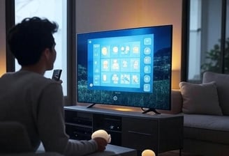 uma pessoa com um controle remoyoem frente a uma tv