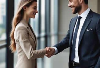 a man and woman shaking hands in a business meeting