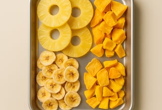 Dehydrated mango, banana, and pineapple on export tray – Royal Market