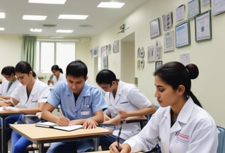a group of people sitting at desks in a classroom