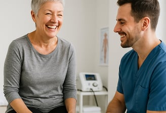 a woman is sitting on a table with a doctor
