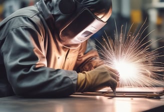 A metalworking machine is in operation, cutting a rectangular shape into a large metal beam. Sparks and a bright cutting line indicate the active laser or cutting tool. The setting appears to be a workshop or industrial environment with visible metal fixtures and structures.