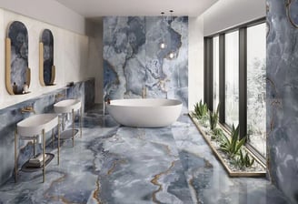 a bathroom with a tub tub and a large window