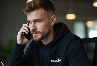 Man in CompHub hoodie providing customer support over the phone at modern desk setup