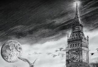 a black and white drawing of the city of london with two people in the foreground with a time machin