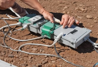 A large array of solar panels is installed on a flat rooftop under a bright blue sky with scattered clouds. In the distance, there is a lush green hillside with trees and several residential buildings with colorful rooftops.