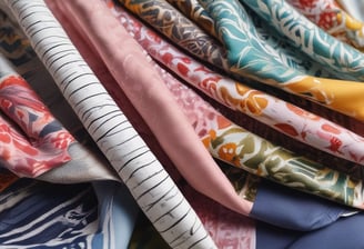 A collection of patterned and colorful fabrics is displayed, featuring geometric shapes, floral patterns, animal prints, and abstract designs. There are six distinct pieces of fabric shown, each with its own unique print and color palette.