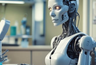 A small, round robot with a smooth white surface and blue accents operates a blue laptop on a sleek, floating platform. The robot has glowing eyes and an antenna on its head, with an 'AI' emblem on its front.