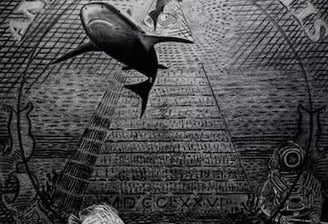 a graphite illustration of a civilization that has disappeared underwater, poster