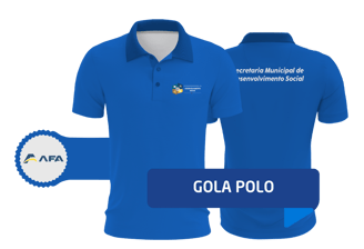 Camisa gola polo na cor azul com logomarca da secretaria municipal de desenvolvimento social