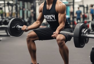A person wearing athletic wear and a cap is in a gym setting, practicing boxing with blue gloves. The gym is well-lit and features fitness equipment such as dumbbells and benches. The person appears focused and is positioned in front of a mirrored wall.
